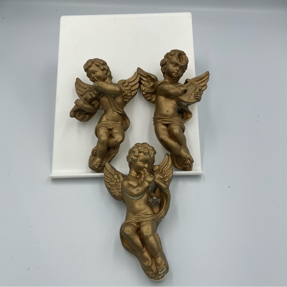 Vintage Chalk ware Gold Angel Wall Decor Set of 3. Some peeled paint. Head sunk.